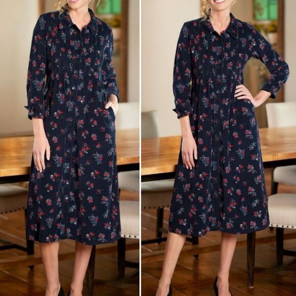 Vermont Country Store Pintuck Cotton Corduroy Dress Navy Blue Floral Size Medium - Picture 6 of 15